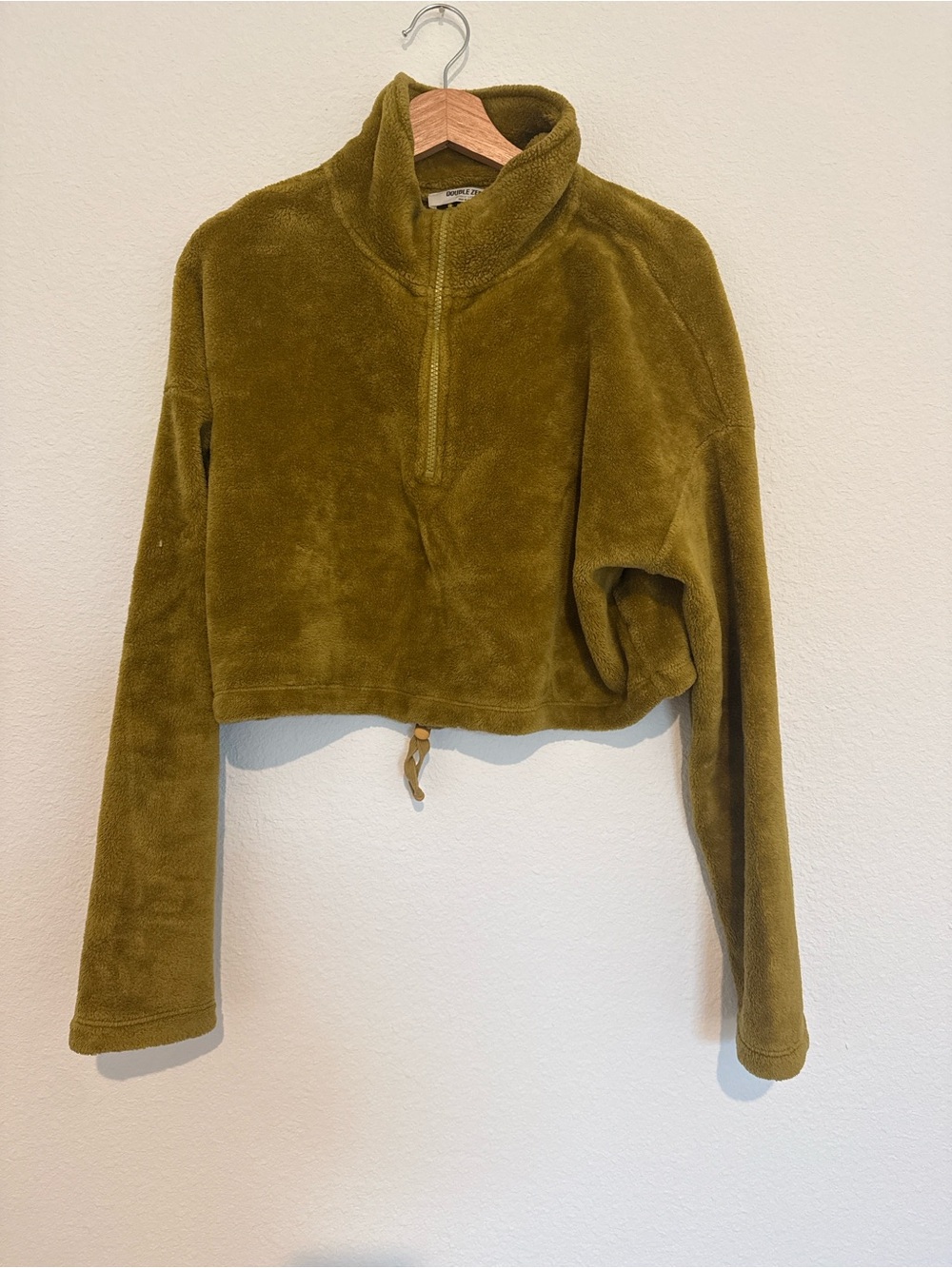 Double Zero Olive Green Fleece Cropped Half-Zip Sweater